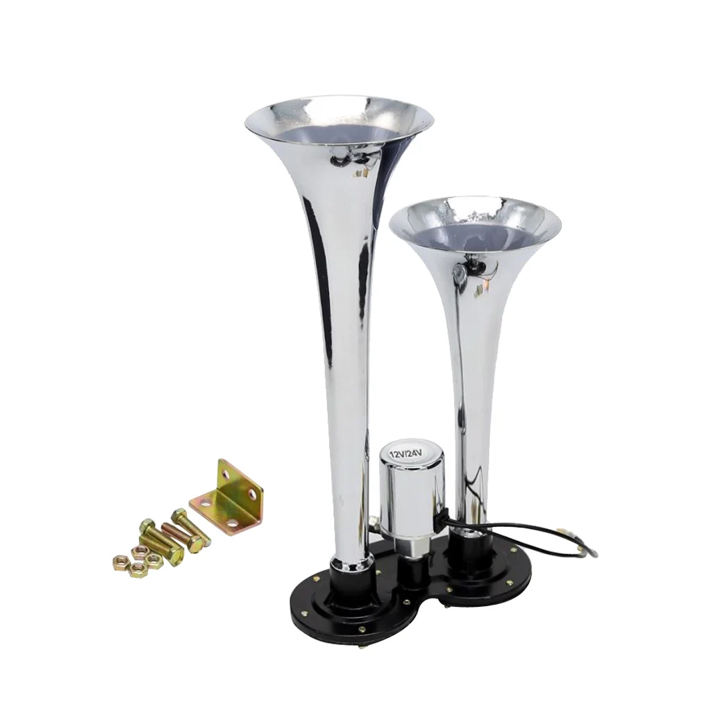12V/24V DC Dual Trumpet Air Horn Compressor Kit Super Loud 150db Car Truck RV Boat Train Air Horn 29.5cm Silver
