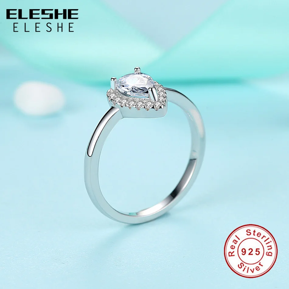 ELESHE 2018 New Fashion Radiant Teardrop Rings Finger with Clear CZ 100% Authentic 925 Sterling-Silver-Jewelry for Women Gift