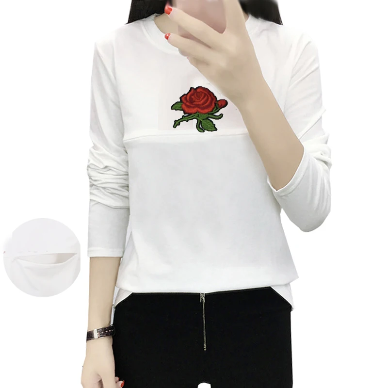 Maternity Nursing T Shirt Long Sleeve Rose Embroidery Breastfeeding Tops Tees Pregnancy Basic Fashion Clothes 12 Cute Patterns
