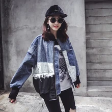 Для женщин пальто из натурального хлопка сращены Полный Лоскутная О-образным вырезом весной шить Ковбойская куртка свободные полосы стежка кисточкой женские