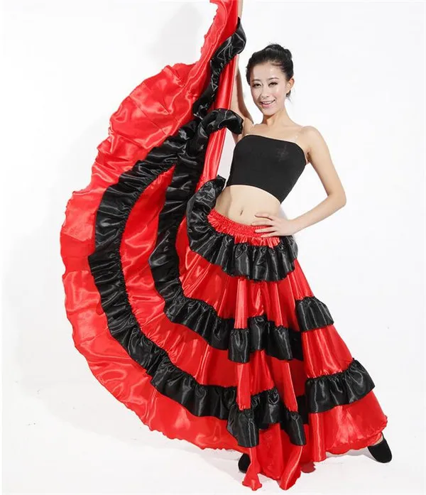 

720 Angle Spain Paso Doble Skirts Flamenco Skirts Black Red Strip TUTU Skirts Trajes De Danza Del Vientre Free Shipping