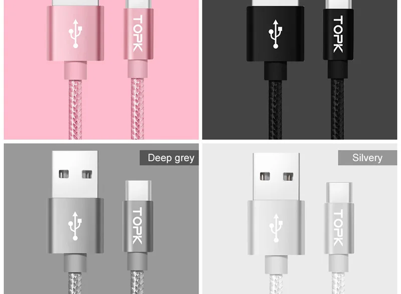 [3 шт. в упаковке] кабель TOPK usb type C с нейлоновой оплеткой корпус из алюминиевого сплава мягкий плетеный провод USB C кабель для устройств и разъемов type-C