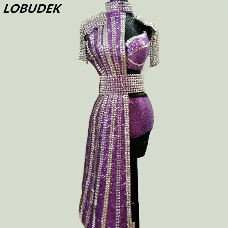 

High-end Stage Costume Women Singer Bar Nightclub Concert Performance Outfit Purple Crystal Rivet Bikini Half-side Long Coat