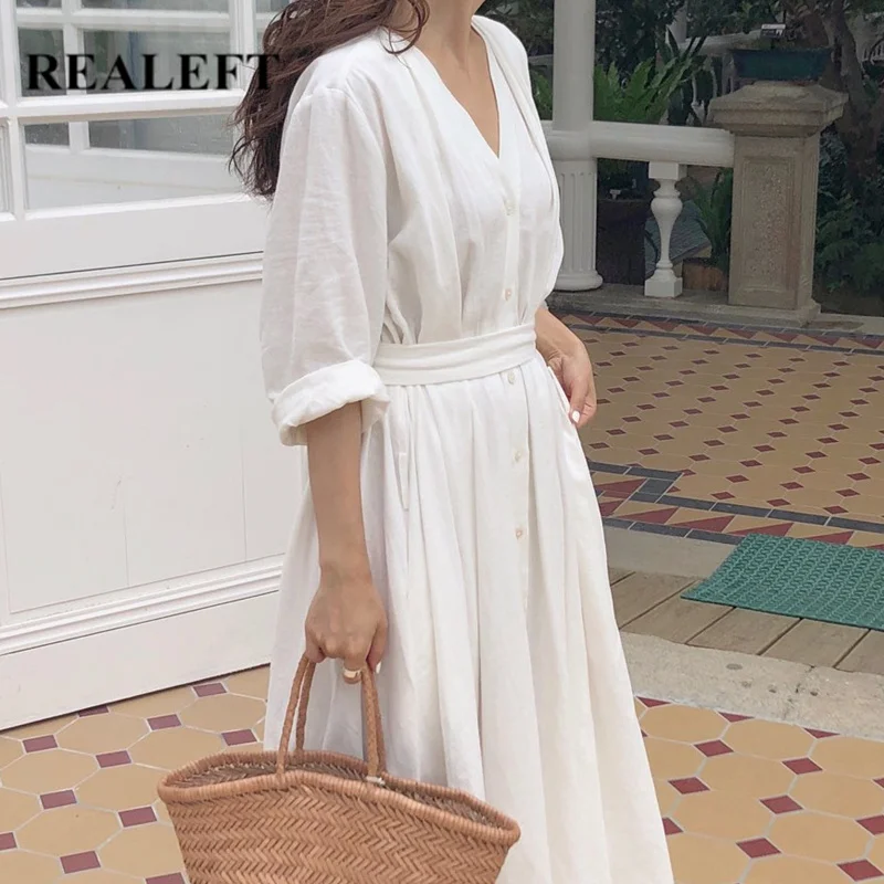 

REALEFT 2019 New Arrival Women Long Dresses Summer Casual Elegant Pleated Long Sleeve V-Neck Lace Up Bow White Dresses Ladies