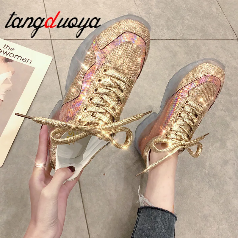 

2019 new silver crystal vulcanize shoes women rhinestone transparent PVC platform sneakers women breathable casual shoes women