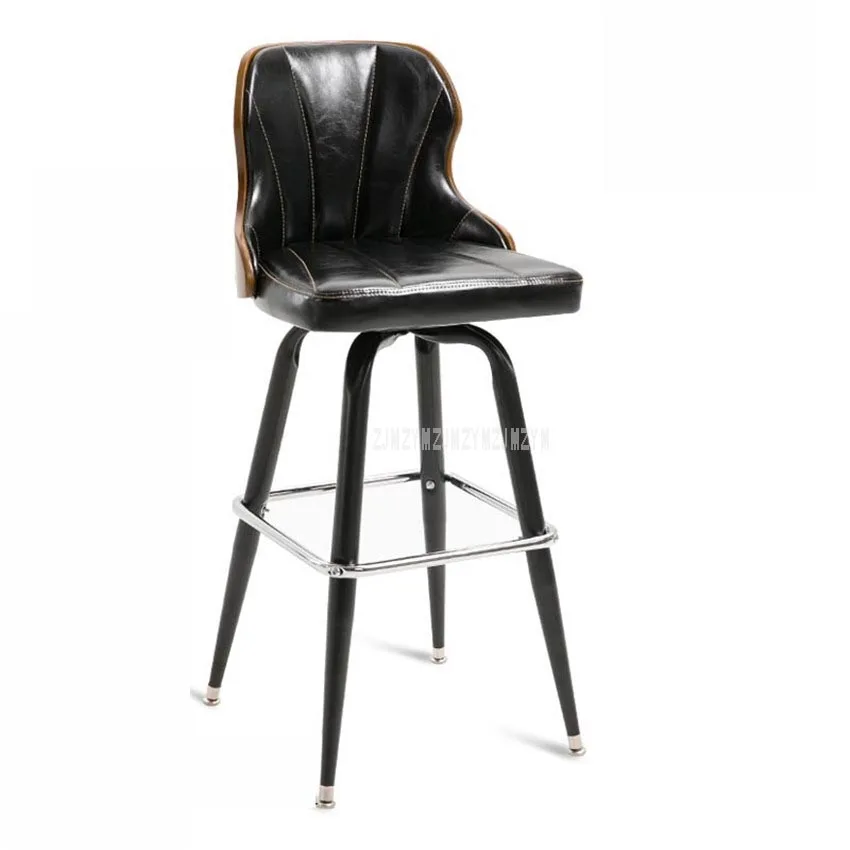 European Modern Solid Wood Backrest Antique Bar Chair Metal Iron Art Rotatable Leisure Coffee Bar Counter Chair High Footstool