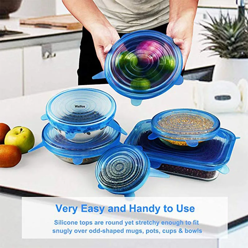 

WALFOS 6 Pcs/ Set Universal Food Silicone Cover Reusable Silicone Stretch Lids Caps For Cookware Pot Cover Kitchen Accessories