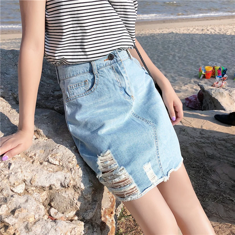 Skirt Denim Women 2018 Summer Korean Fashion Sky Blue High Waist Hole Woman Skirts Elegant Washed Ripped Midi Jeans Skirt Women Skirts