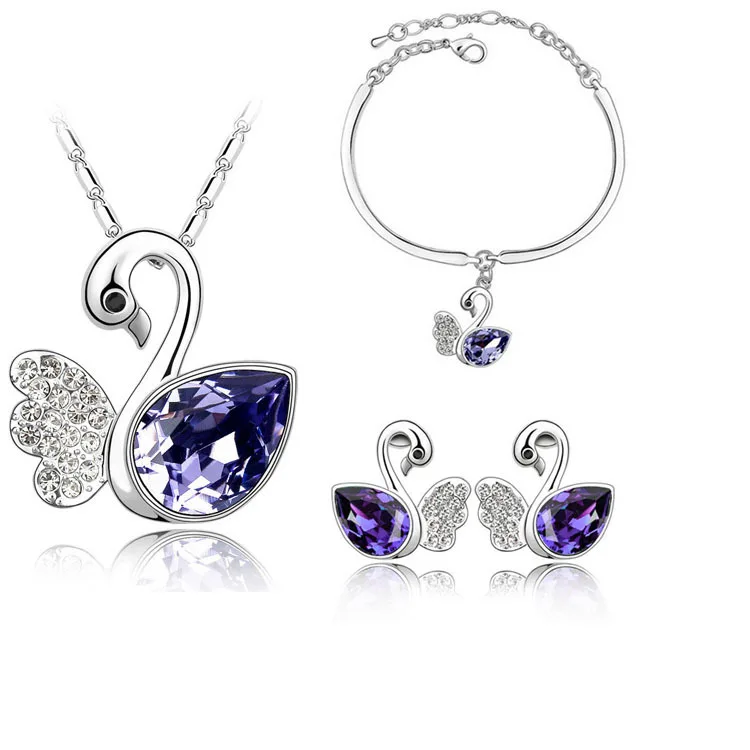 Лебедь ювелирные изделия ожерелье/серьги/браслет высокое качество белый набор ювелирных изделий в форме животных никель Бесплатный Подарочные наборы для женщин - Окраска металла: purple