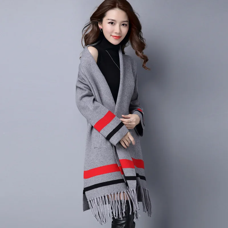 Stylish Women's Knitwear Cardigan Coat with Fashionable Striped Tassel Scarf Collar – Long and Thick Warm Sweaters for Women image 4