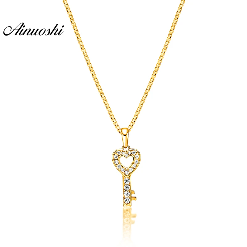 

AINUOSHI 10K Solid Yellow Gold Pendant Shining Key Pendant SONA Diamond Women Men Children Jewelry Heart Design Separate Pendant