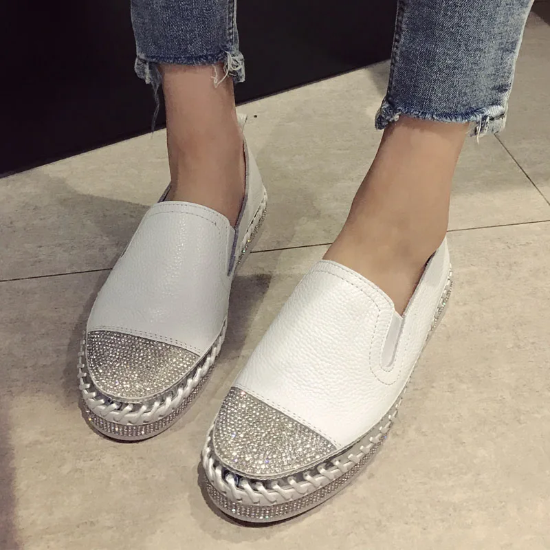 Brand Sneakers Patchwork Espadrilles Shoes Woman Microfiber Leather Creepers Flats Ladies Loafers White Leather Moccasins