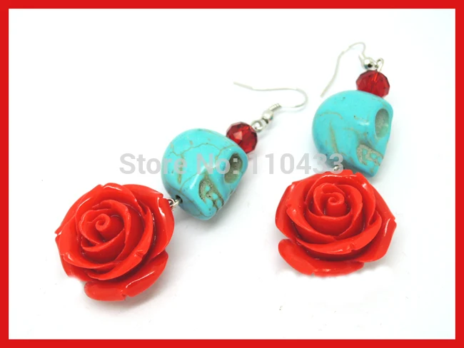 

2017 new Red and STONE Day of the Dead Roses and Sugar Skull Earrings halloween jewelry ER733