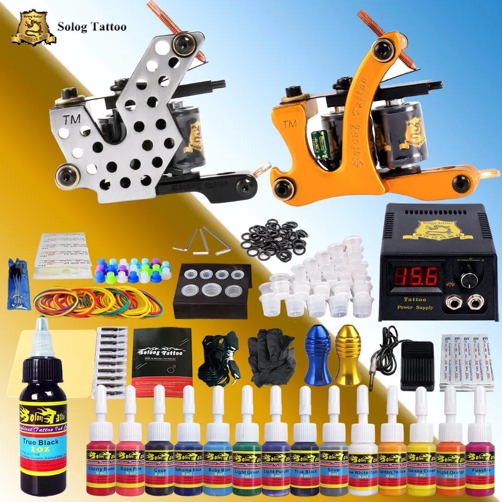 Solong Tattoo Starter Complete Tattoo Kit 2 Machine Guns Set 14 Inks Power Supply Grips Needles Tips