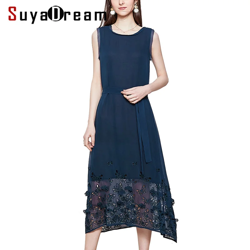 

Women Silk Long Dress 100%SILK CREPE A-line Embroidery Dresses Sleeveless Calf length Casual Dresses for Women 2019 Summer New