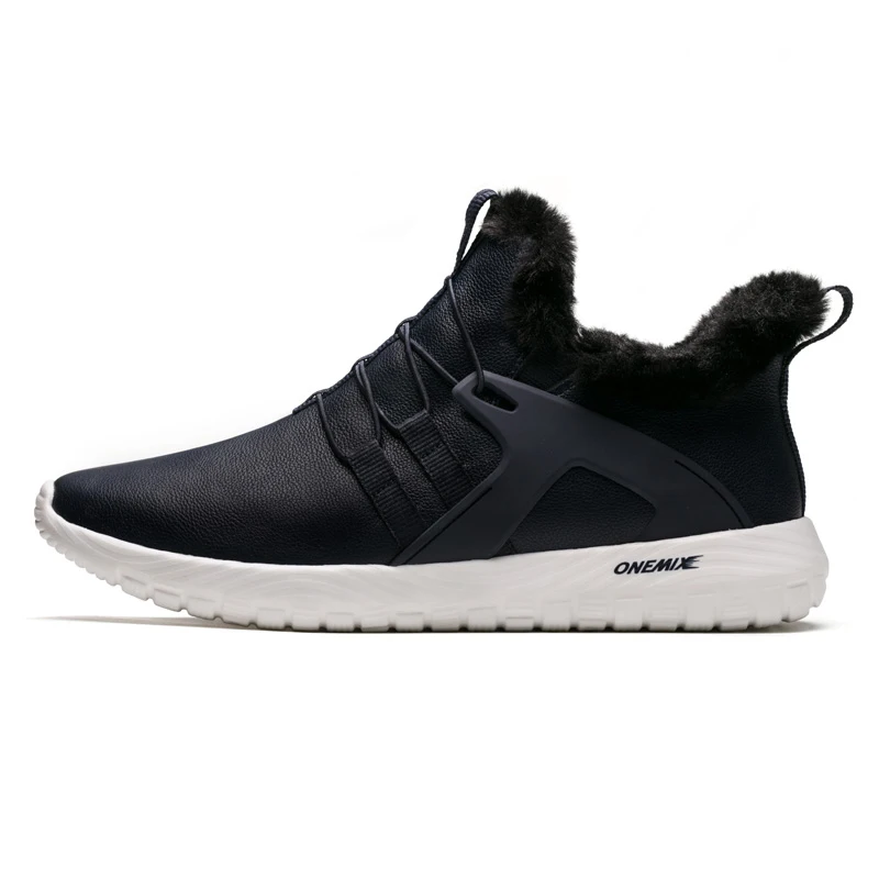 Goedkoop ONEMIX Mannen Loopschoenen Zwart lederen Warme Winter Sneakers Slip Op Comfortabele Outdoor jogging Wandelschoenen