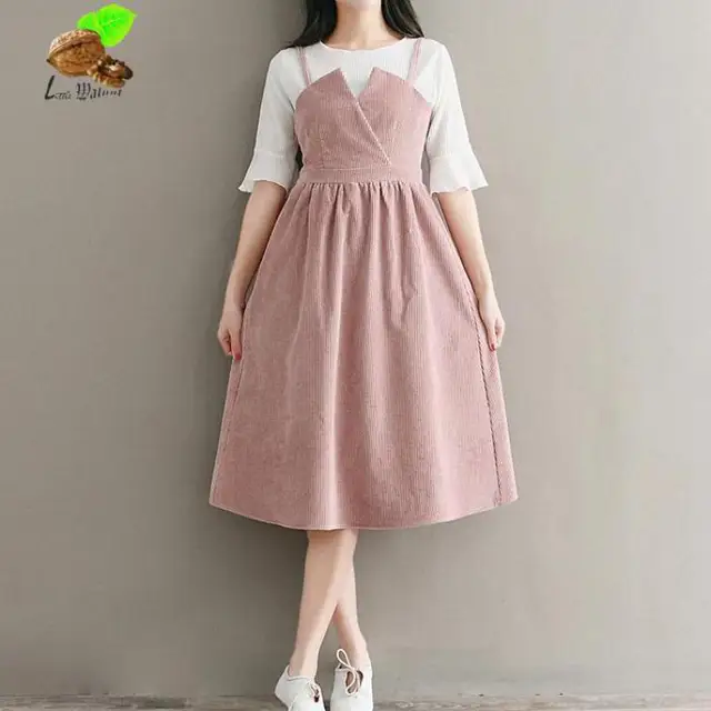 Women Sweet Solid Color Sleeveless Spaghetti Strap Corduroy Vintage Women Sweet Solid Color Sleeveless Spaghetti Strap Corduroy Vintage Spring Dresses Mori S Pink Dress Female