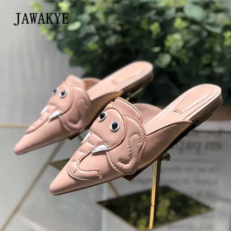 

2018 Elephant Slippers Woman Pointed Toe Real Leather Flat Shoes Woman Simple Design Sandals