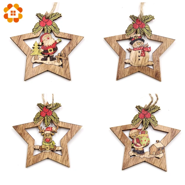 4PCS Christmas Star Wooden Pendants Ornaments Xmas Tree Ornament DIY Wood Crafts Kids Gift for Home Christmas Party Decorations 3