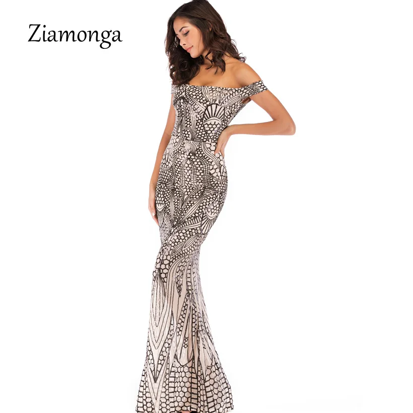 Ziamonga без бретелек Длинные платье макси Для женщин Вечеринка блесток платье элегантные пикантные с открытыми плечам