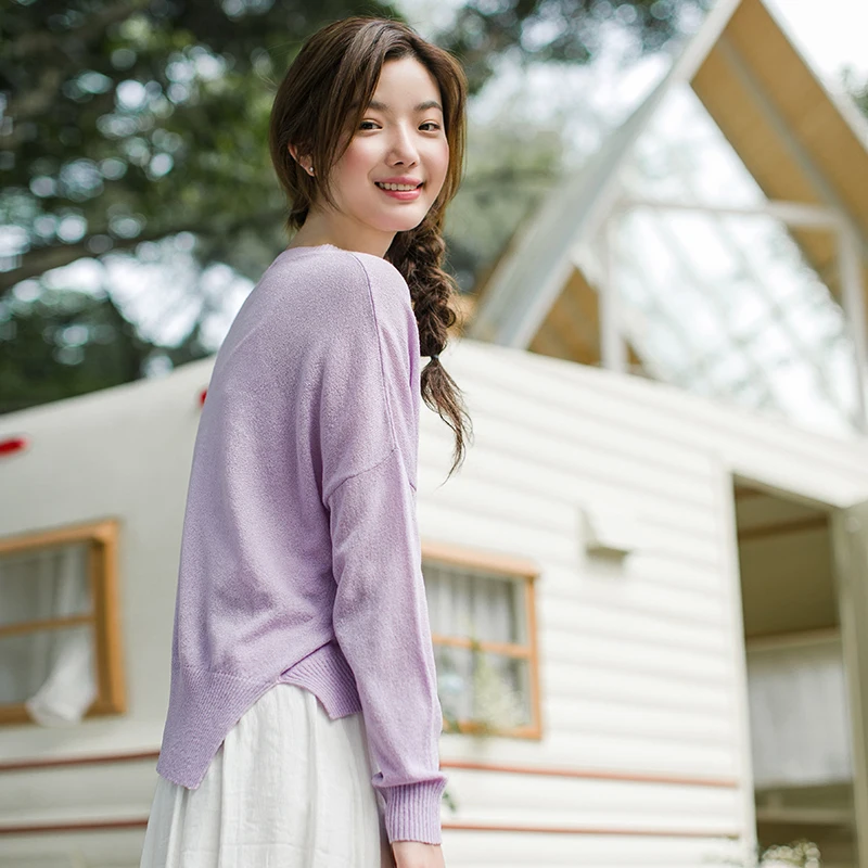

INMAN 2019 Spring Autumn Solid Color O Neck Front Short Back Long Women Long Sleeve Tops Sweater Pullover