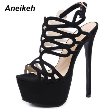 

Aneikeh NEW 2019 Summer Sandals Women Platform Flock Shoes Style Sexy 16 CM High Heels Open Toe Buckle Nightclub Shoes Black