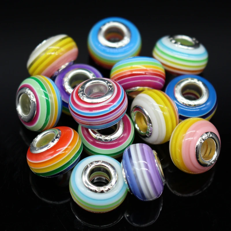 

50pcs 14MM Mixed Color Silver Plated Cord Big Hole Rainbow Design Acrylic Jewelry Loose Beads Fit European Charms Bracelet