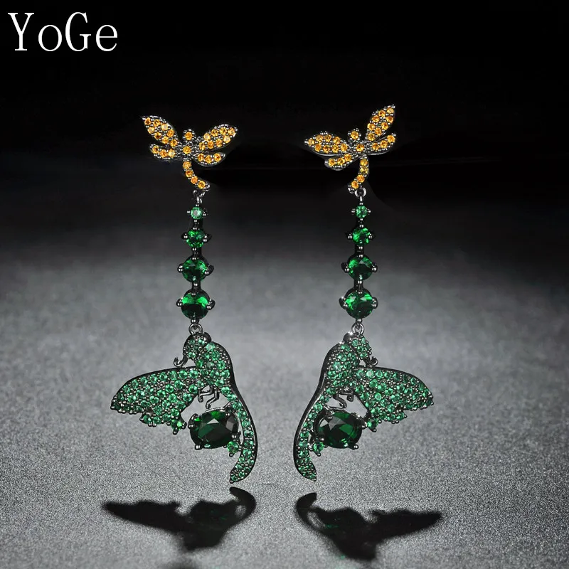 

YoGe E1249L Luxury AAA cubic zirconia pave setting dragonfly shaped yellow and green stones drop earrings unique accessaries