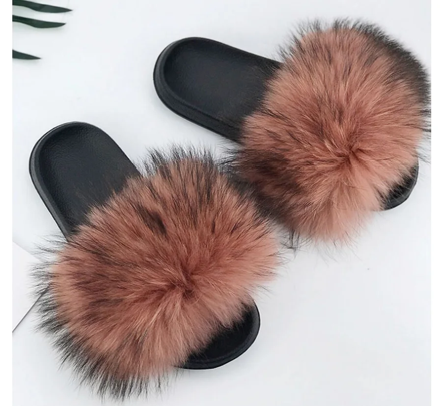 ZDFURS* New Arrivals Real Raccoon Fur Slippers Women Fluffy Fur Slides Spring Autumn Winter Indoor Outdoor Shoes