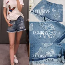 Лето г. одежда новое поступление Для женщин Бабочка Вышивка аппликация Джинсы для женщин Stonewashed кисточкой Шорты для женщин Повседневное синие джинсы наряд