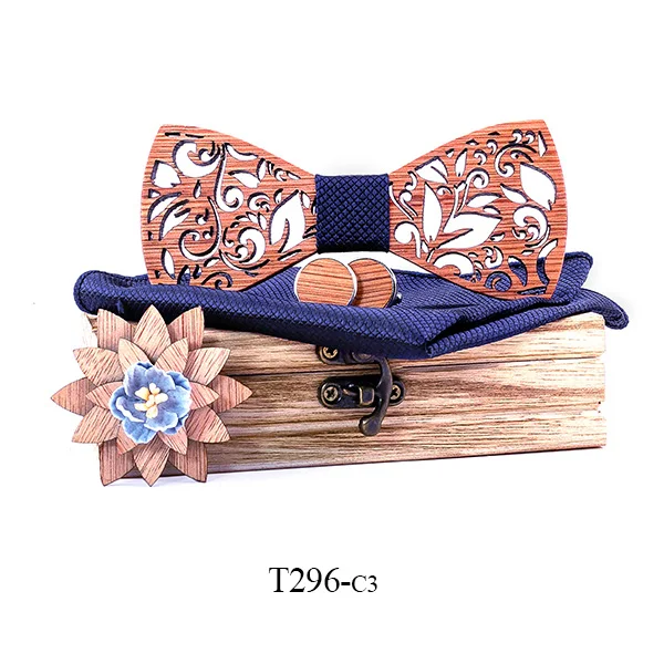 Деревянная бабочка платок Набор Мужская деревянная бабочка с запонками цветочный дизайн деревянная коробка Мода Новинка мужские галстуки - Цвет: T296-C3