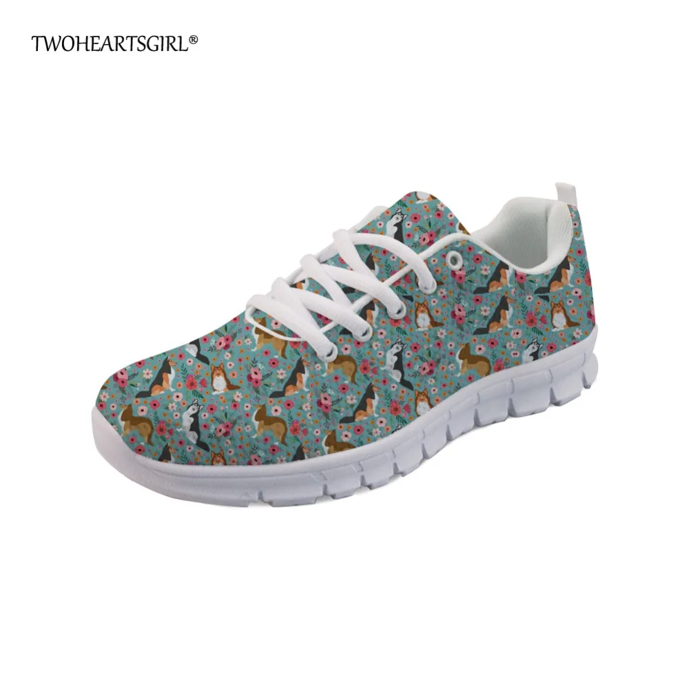 

Twoheartsgirl Fashion Women Flats Cute Animal Sheltie Dog Pattern Green Sneakers Woman Breathable Comfortable Mesh Flat Shoes