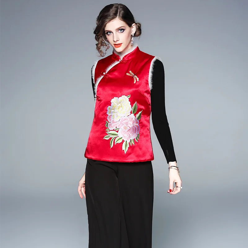 2018 Winter Floral Embroidery Vest Coats Women High Quality Chinese