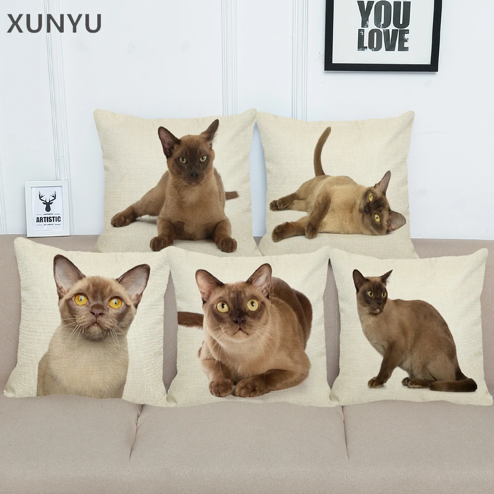 

XUNYU Cute Bermese Cat Pattern Linen Pillow Case Sofa Square Decorative Pillow Cover Animal Cushion Cover 45X45cm AC010