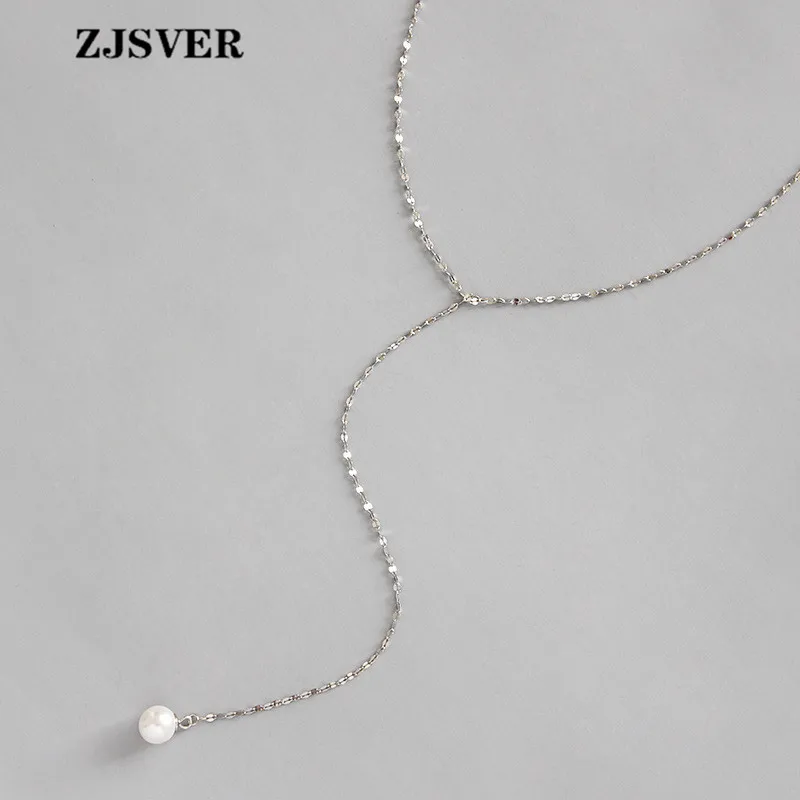 

ZJSVER Pearl Chain Pendant Fashion Simple Silver Tile Chain 925 Sterling Silver Women Necklace For Fine Jewelry Present