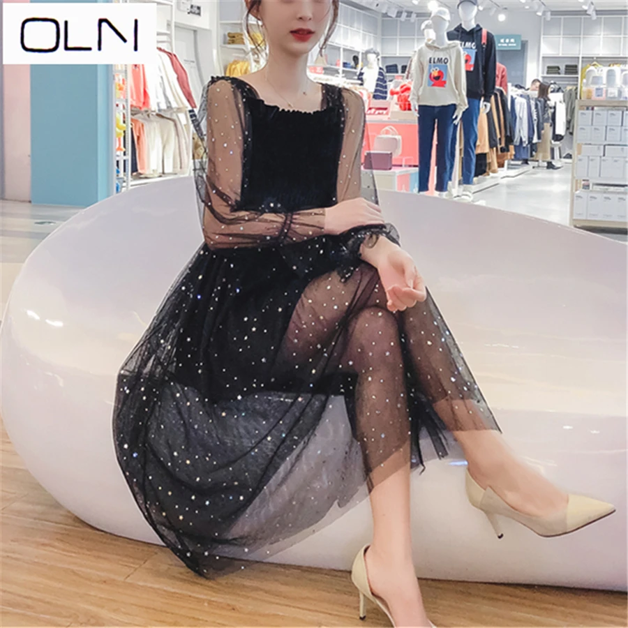 

dress OLN new fashion Korean V women's waist slimming mesh stitching S-2XL dress