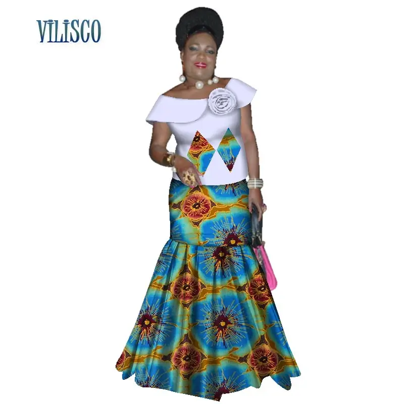Bazin Riche, африканские топы с оборками и рукавами и юбки, комплекты для женщин, традиционный Африканский принт, 2 шт., комплекты юбок, одежда WY3059 - Цвет: 10