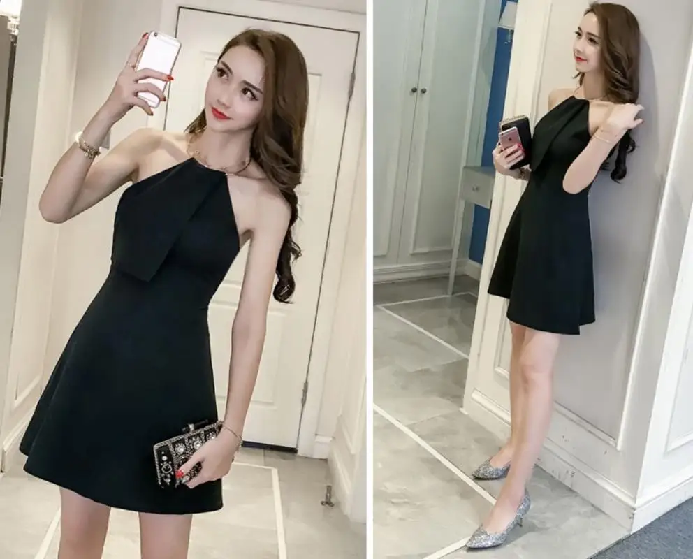 Summer new sexy back dress  metal ring hanging neck slim Asleeveless skirt 2018 Free Shipping