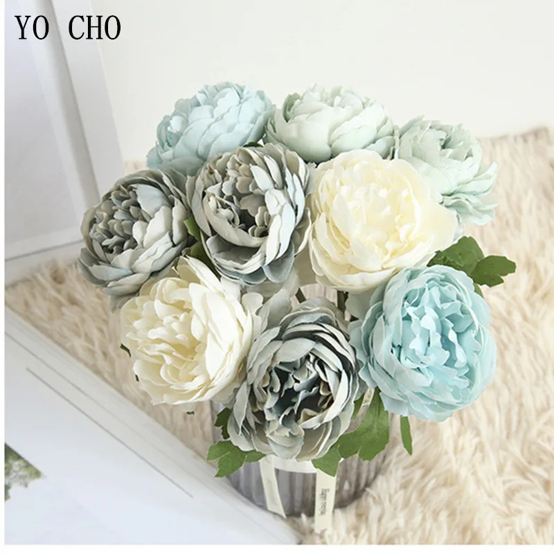 YO CHO 4pcs Artificial Flowers High Quality Tea Rose Silk Flowers Bouquet For Wedding Home Office Decor Fake Flowers Xxmas Decor