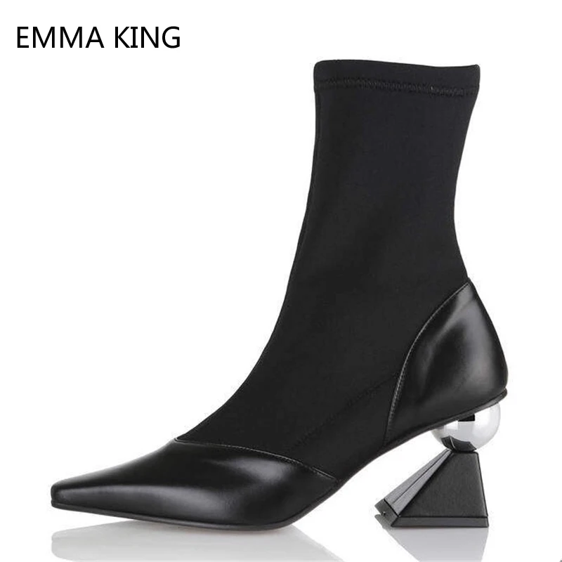 

Fashion Design Knitted Socks Boots Stretch Fabric Strange Heeled Ankle Boots For Women Black Pointed Toe Short Shoes Woman Boots