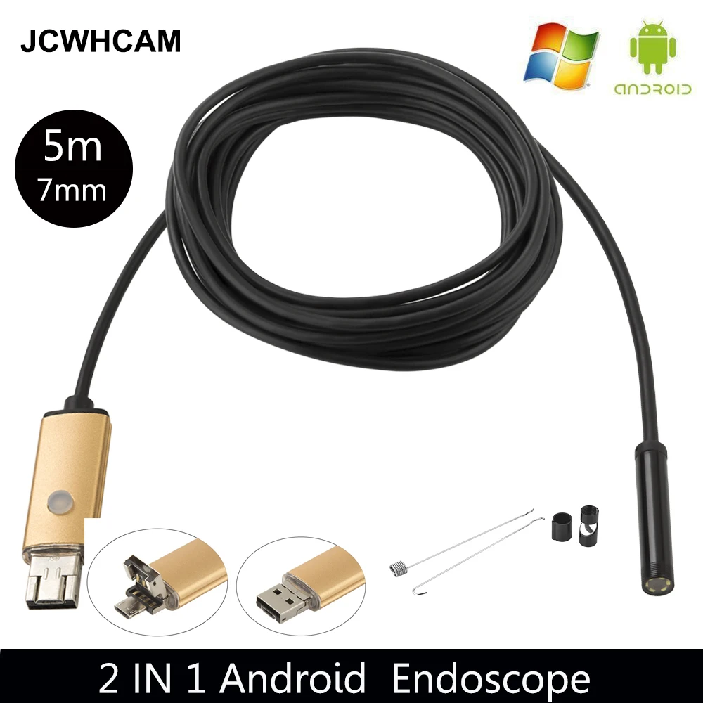 JCWHCAM Водонепроницаемый 5 м кабель OTG Micro USB ПК Android эндоскопа инспекционной бороскоп с 7 мм объектив для ПК Android смартфон