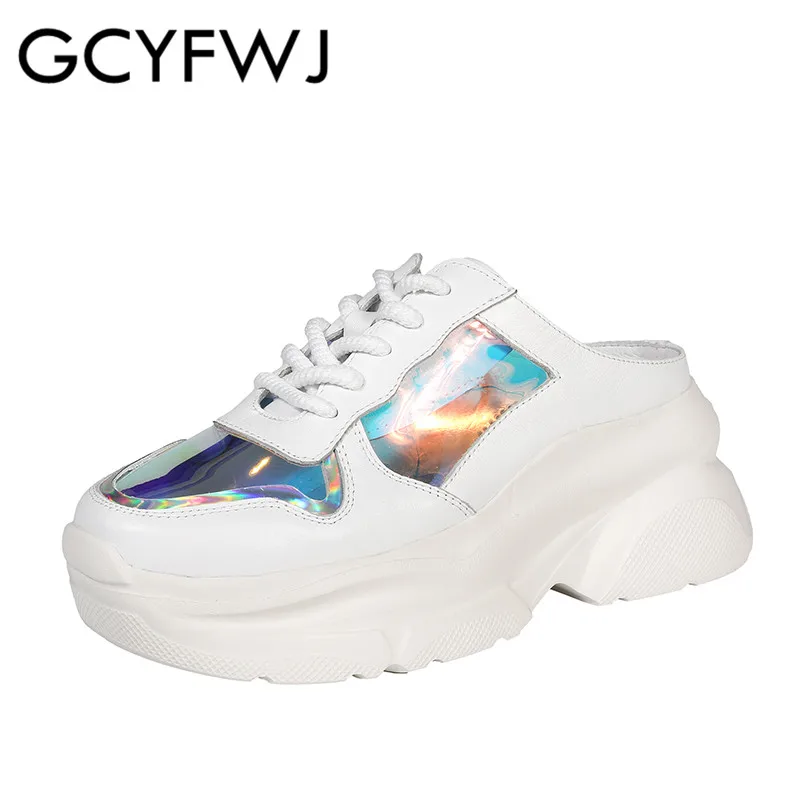 

GCYFWJ Lace-Up Thick Bottom Slippers Leisure Baotou Loafers Genuine Leather Pregnant Woman Wear Outside Women's Shoes
