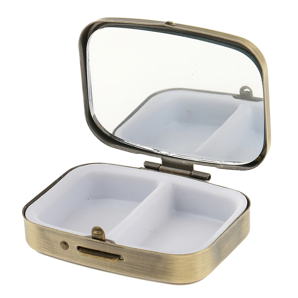 2 Compartments Travel Vitamin Organizer Medicine Tablet Box Trinket Earring Storage Case Container with Mirror