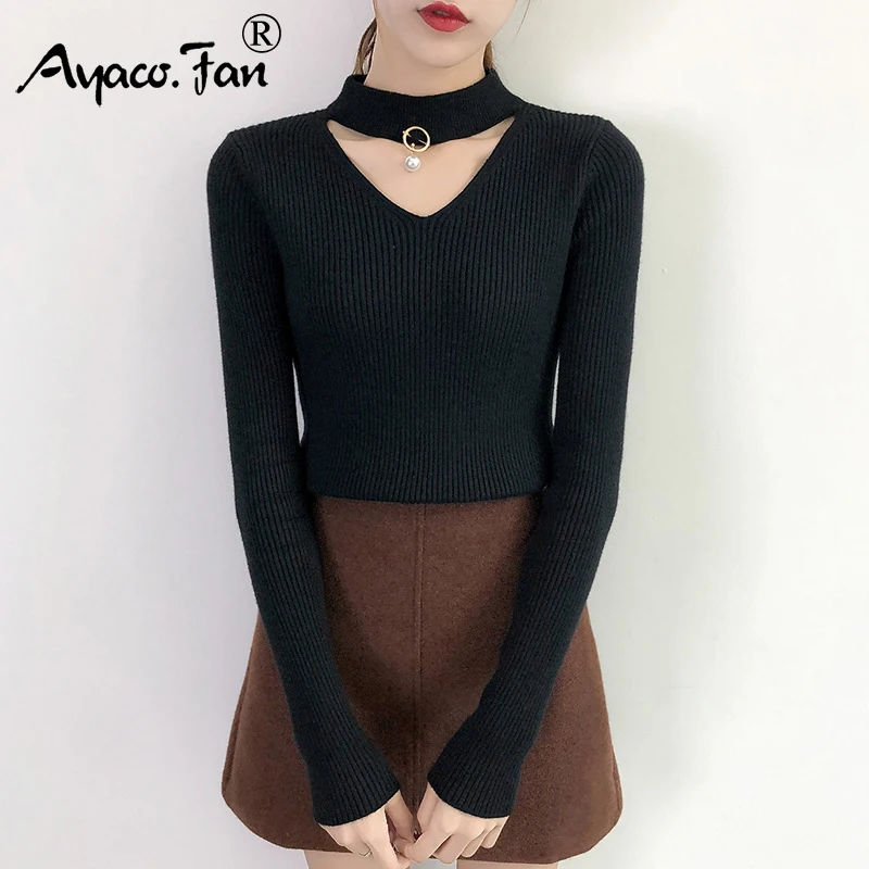 Sexy Halter V-Neck Bodycon Sweater 2018 Autumn Winter New Cute Solid Beading Slim Lady Pullovers Female Knitted Thick | Женская одежда