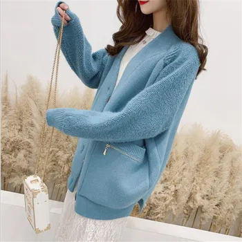 

Women Knitted Cardigans Single Breasted Autumn 2018 Pocket V neck Loose Knitted Cardigan Knitwear Loose Sweaters C056