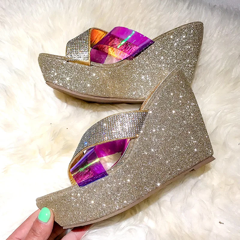

summer ladies heels wedge shoes woman female leather toe new 2019 modis rubber slippers clogs platform with rhinestones water