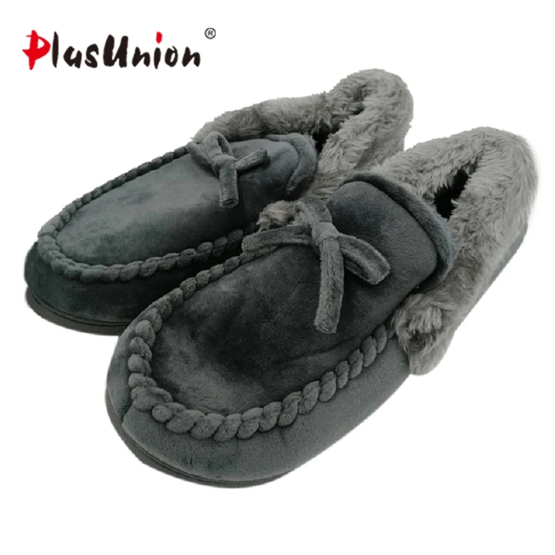 

novelty cotton winter Bow tie men slippers soft keep warm solid plush home grey brown indoor shoes with fur cotton-padded shoes