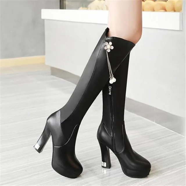 Pxelena Elegant Lady Riding Long Boots Office Party Dress Chunky Pxelena Elegant Lady Riding Long Boots Office Party Dress Chunky Block Square High Heels Knee