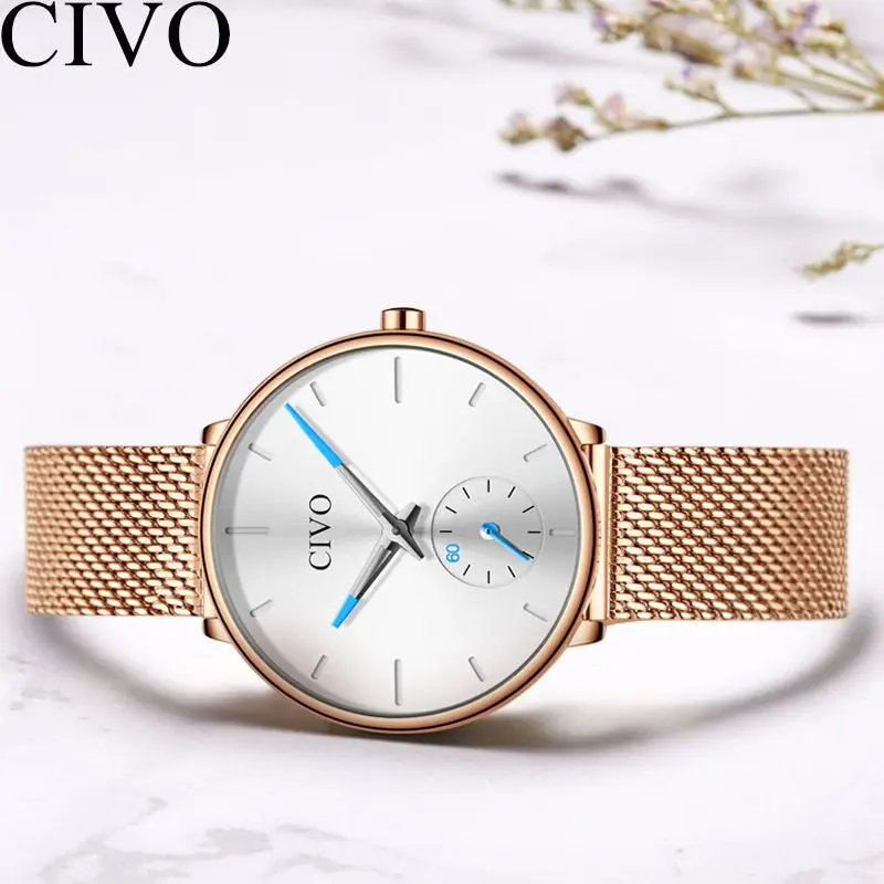 

CIVO Simple Quartz Womens Clock Gold Waterproof Stainless Mesh Steel Strap Watches Wristwatch Fashion Womens Watch Reloj Mujer