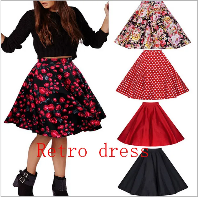 

2016 new floral print big swing tutu skirt women casual rockabily high waist ball gown skirt cotton midi skirts